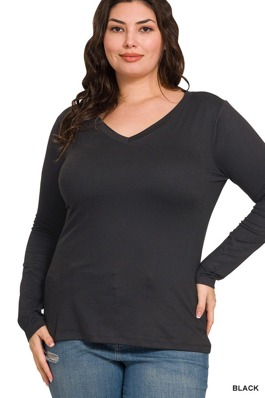 Plus Brushed Dty Microfiber Long Sleeve V-neck Tee