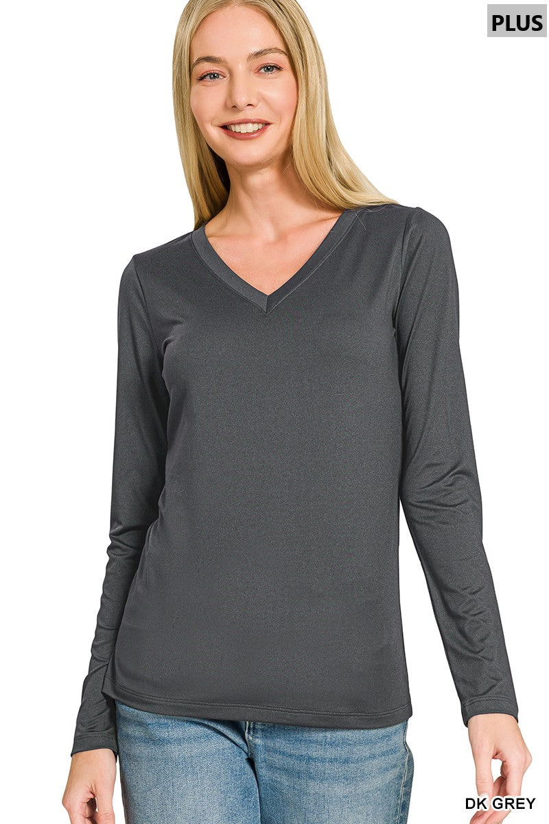 Plus Brushed Dty Microfiber Long Sleeve V-neck Tee